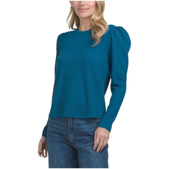 Kim & Cami Sweaters - KIM & CAMI Fashion Puff Long Sleeve Scoop Neck Solid Sweater